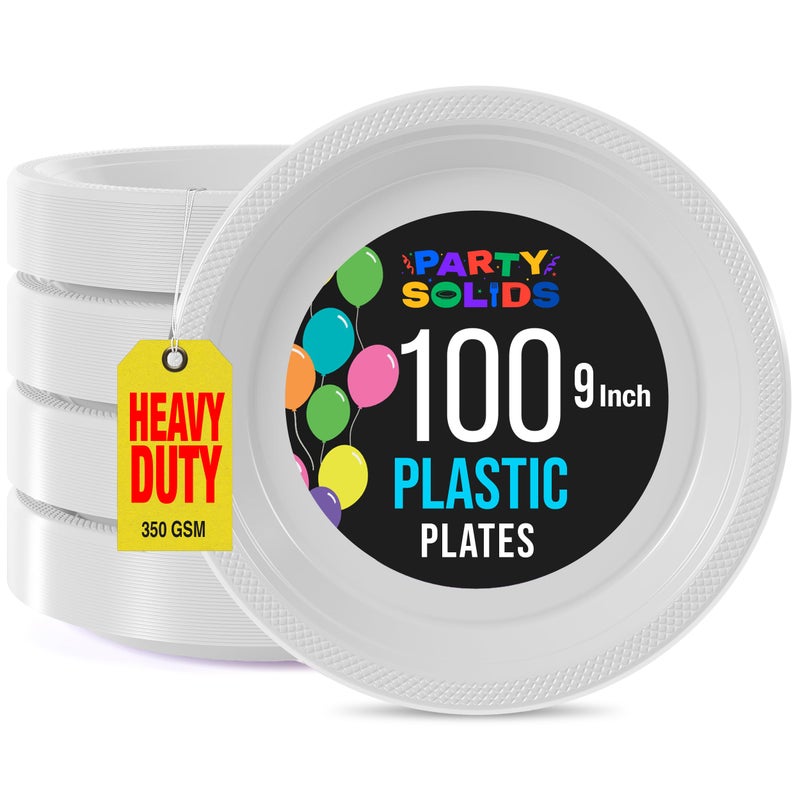 Party Solids Exquisite Party Solids White Plastic Plates For Party 9" White Disposable Plates Heavy Duty 100 Pcs Plastic Dinnerware Sets Heavy Duty 350 GSM Disposable Dinnerware Set - Image 1